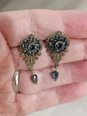 1928 Brand Blue Rhinestone Antiqued Gold Earrings Vintage 90s